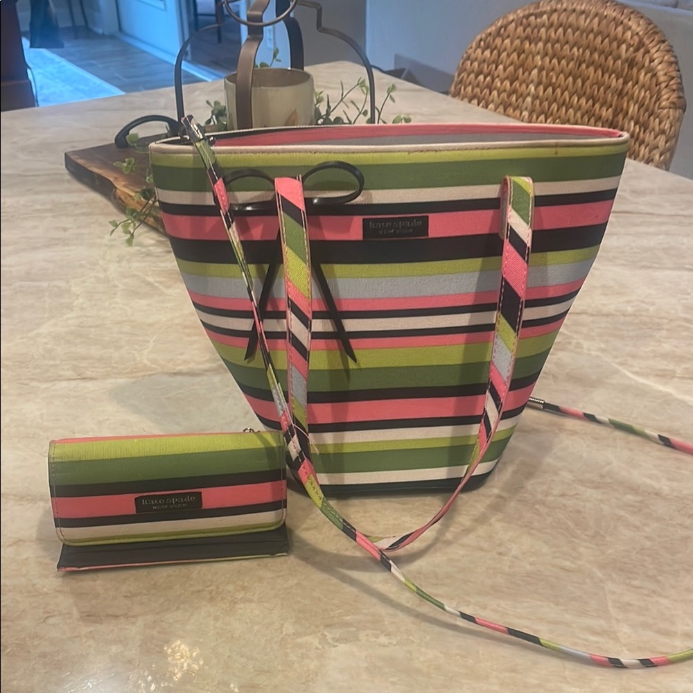 Kate Spade Pink and Green Striped Tote Bag with Wallet - crossbody strap